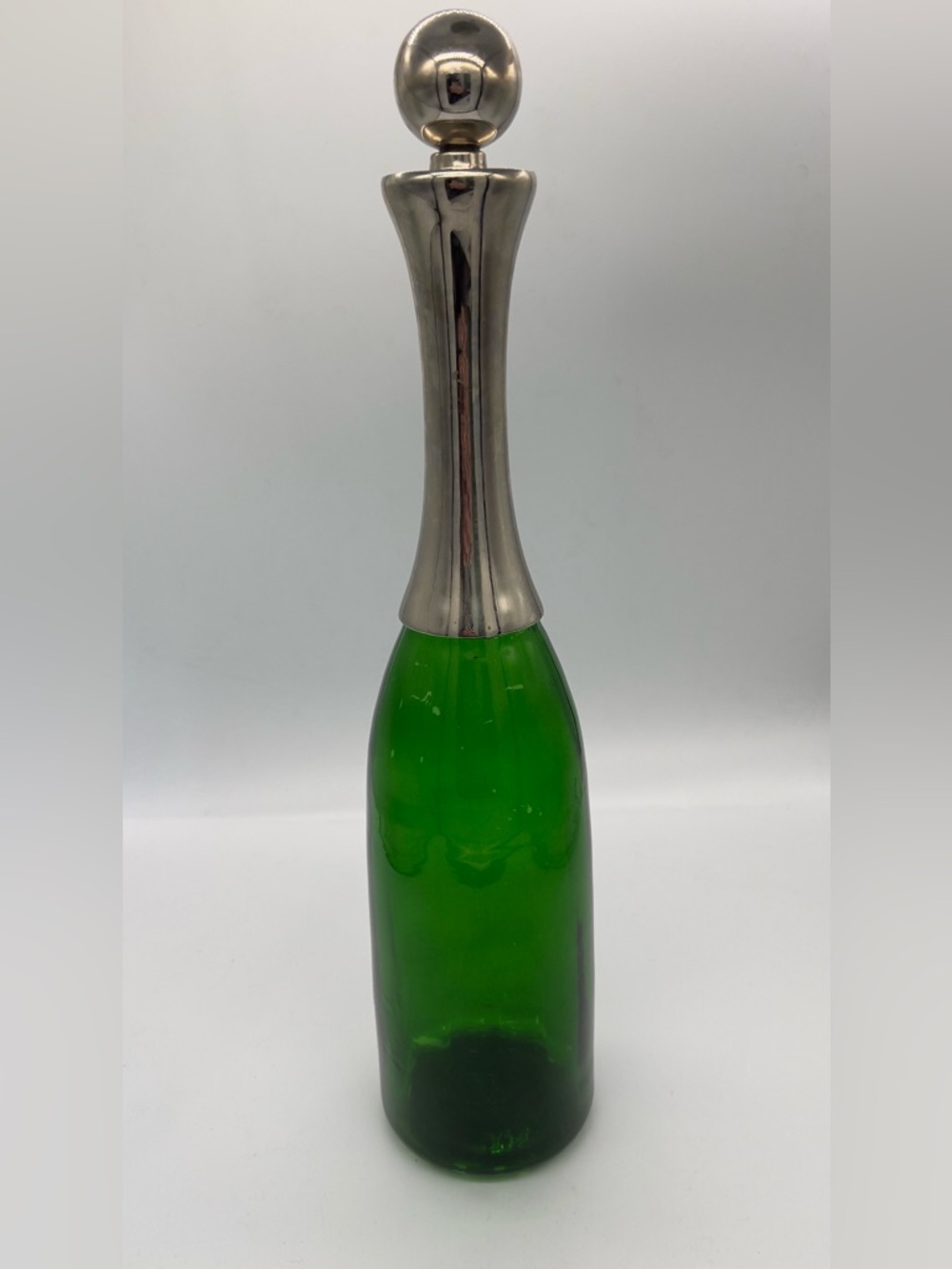 Vintage Green Glass Bottle with Silver-Tone Top wine decanter